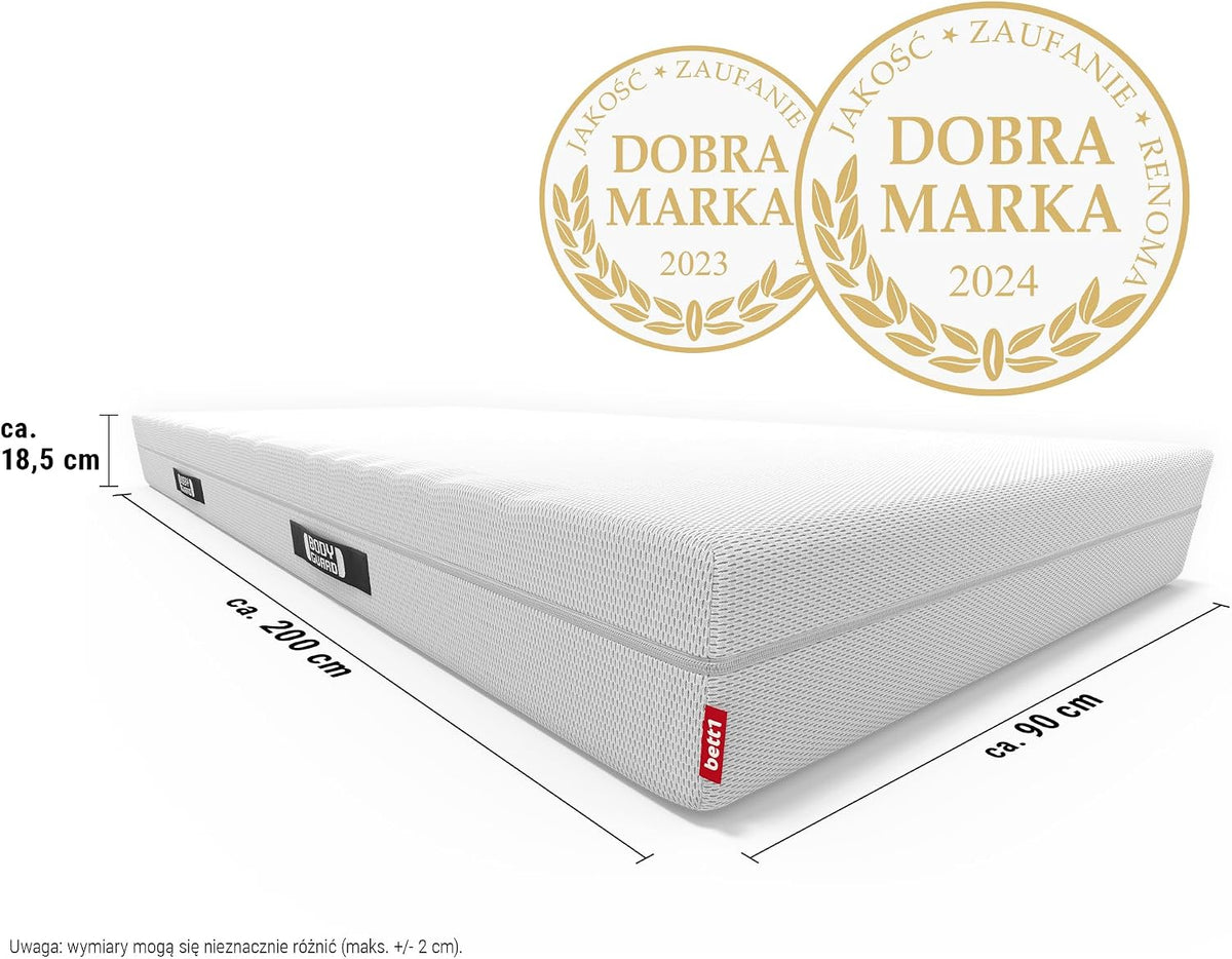 bett1 | BODYGUARD materac antykartelowy 90x200 (2 w 1 średniotwardy/twardszy, pokrowiec można prać w temp. do 60°C, Oeko-TEX® 100, moduły ergonomiczne, pianka QXSchaum)