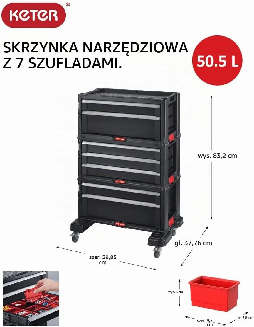 KETER Moduł na kółkach z 7 szufladami – wózek warsztatowy na małe i duże narzędzia – zdejmowane kółka skrętne z hamulcami, 60 x 37,8 x 83,2 cm, czarny, z organizerem małych części, mobilny warsztat