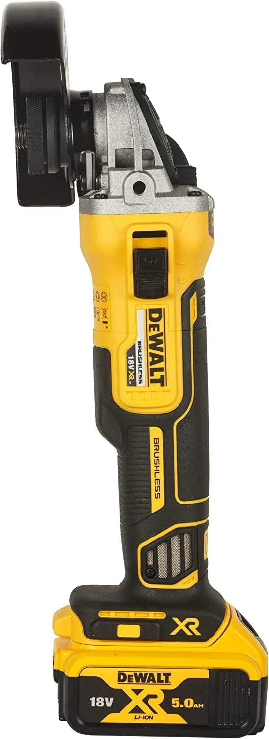 Dewalt DCG405P2 akumulatorowa szlifierka kątowa 18 V 125 mm (800 W, silnik bezszczotkowy, uzwojenia opancerzone z żywicy epoksydowej, sprzęgło elektroniczne i hamulec, w zestawie 2 x akumulatory 5,0