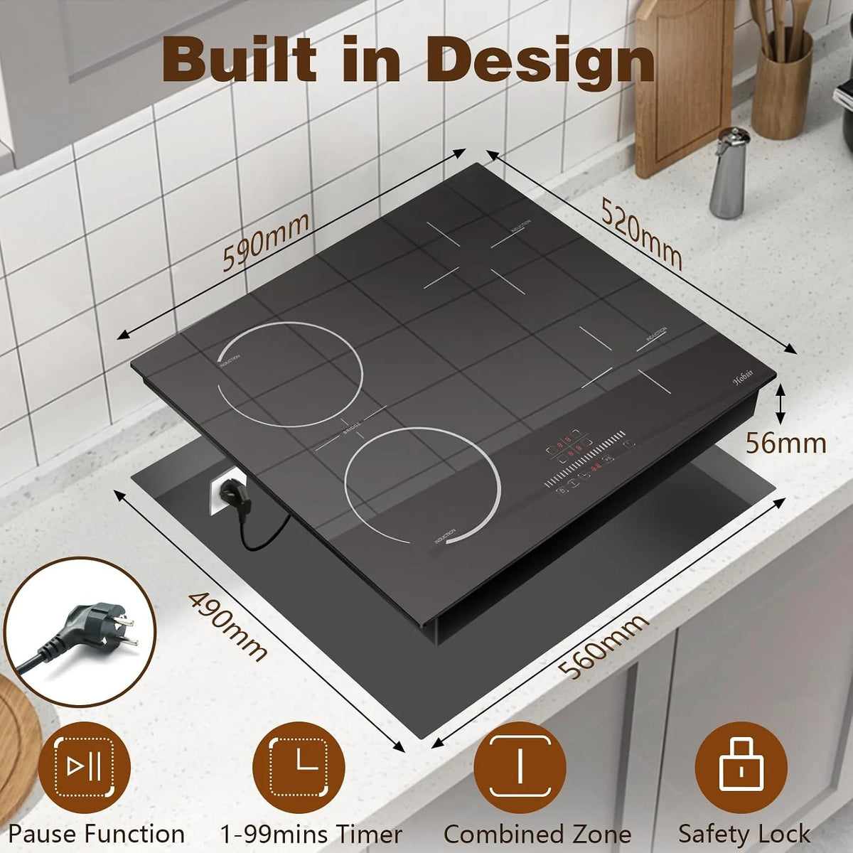 Hobsir Płyta indukcyjna z wtyczką, płyta grzewcza 4 płyty, płyta indukcyjna 60 cm, 3500 W, płyta kuchenna do zabudowy z flexzone, zabezpieczenie przed dziećmi, suwak Touch Control