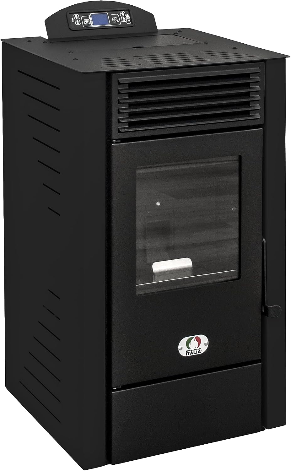 STUFE A PELLET ITALIA California 10 kW, wydajność, 90% ciepła 80 m², czas pracy 20 h, programowalny 5 prędkości i mocy, kompaktowa konstrukcja, 24 miesiące czarny