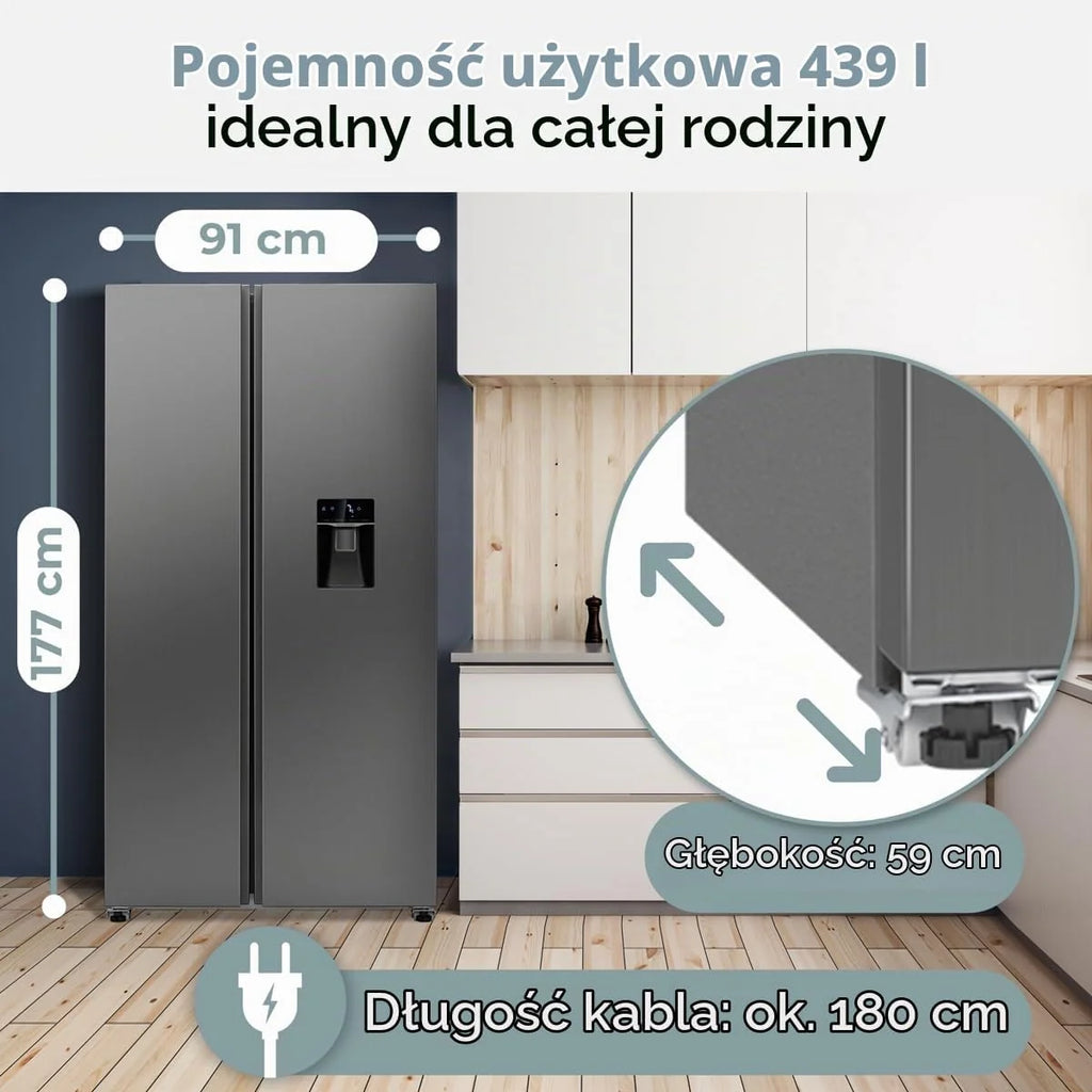 Lodówka typu side-by-side Bomann®, Dystrybutor wody ze zbiornikiem, Klasa energetyczna D, 177 cm, NoFrost, 5-letnia gwarancja na kompresor, Lodówka z zamrażalnikiem, System MultiAirflow