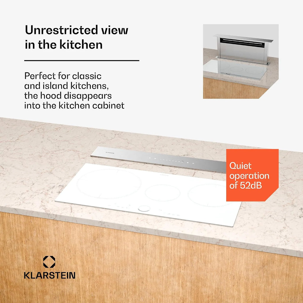 Klarstein Royal Flush Eco 75 Downdraft Okap kuchenny - Klasa energetyczna A++, Przepływ 604 m³/h, Panel dotykowy, Światło LED, Stal nierdzewna, Do wysp i kuchni, Cichy 52 dB