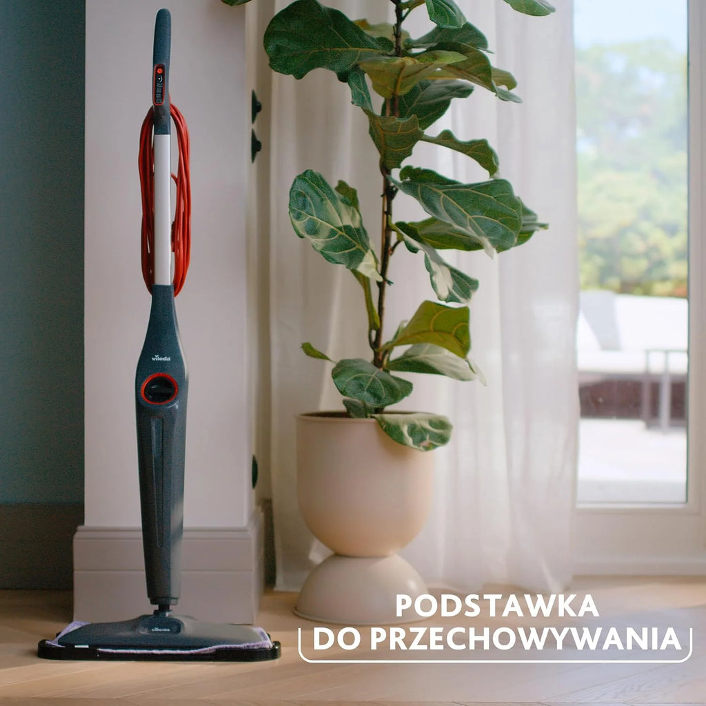 Mop parowy Vileda Steam Plus Pro XXL, zabija do 99,9% bakterii i wirusów, idealny do delikatnych podłóg, z 4 trybami pary, posiada podstawkę do przechowywania