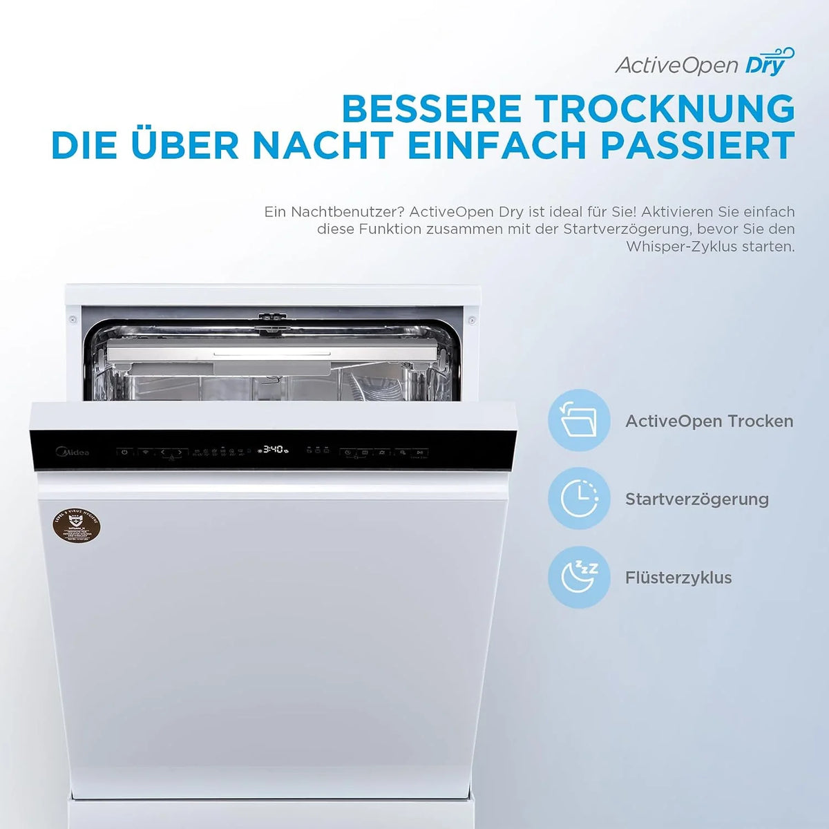 Midea MDWEF1433DW-WE, zmywarka 60 cm, wolnostojąca, 14 nakryć na miary, kosz na sztućce, górny kosz z regulacją wysokości, Aqua-Stop, wybór czasu startu, biała
