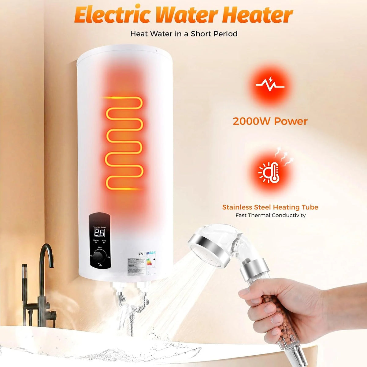Elektryczny bojler na wodę, prysznic i zbiornik ciepłej wody 2000 W, elektryczny bojler ciepłej wody, pionowy, 25-75°C, emaliowany zbiornik wewnętrzny, ochrona przed wyciekiem, w zestawie słuchawka