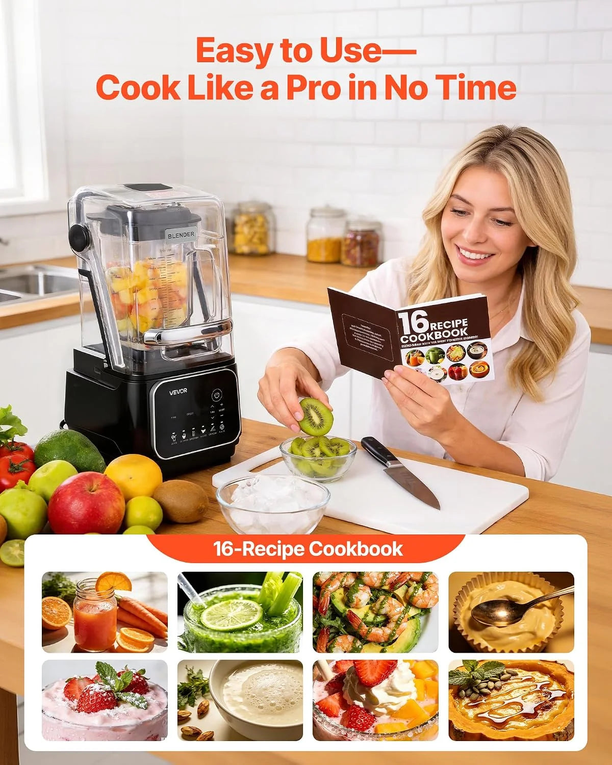 VEVOR Elektryczny blender stołowy do smoothie, 2 litry 2200 W prędkość 26000 obr./min, rozdrabniacz do soków owocowych, samooczyszczanie, 6 zaprogramowanych programów, czarny