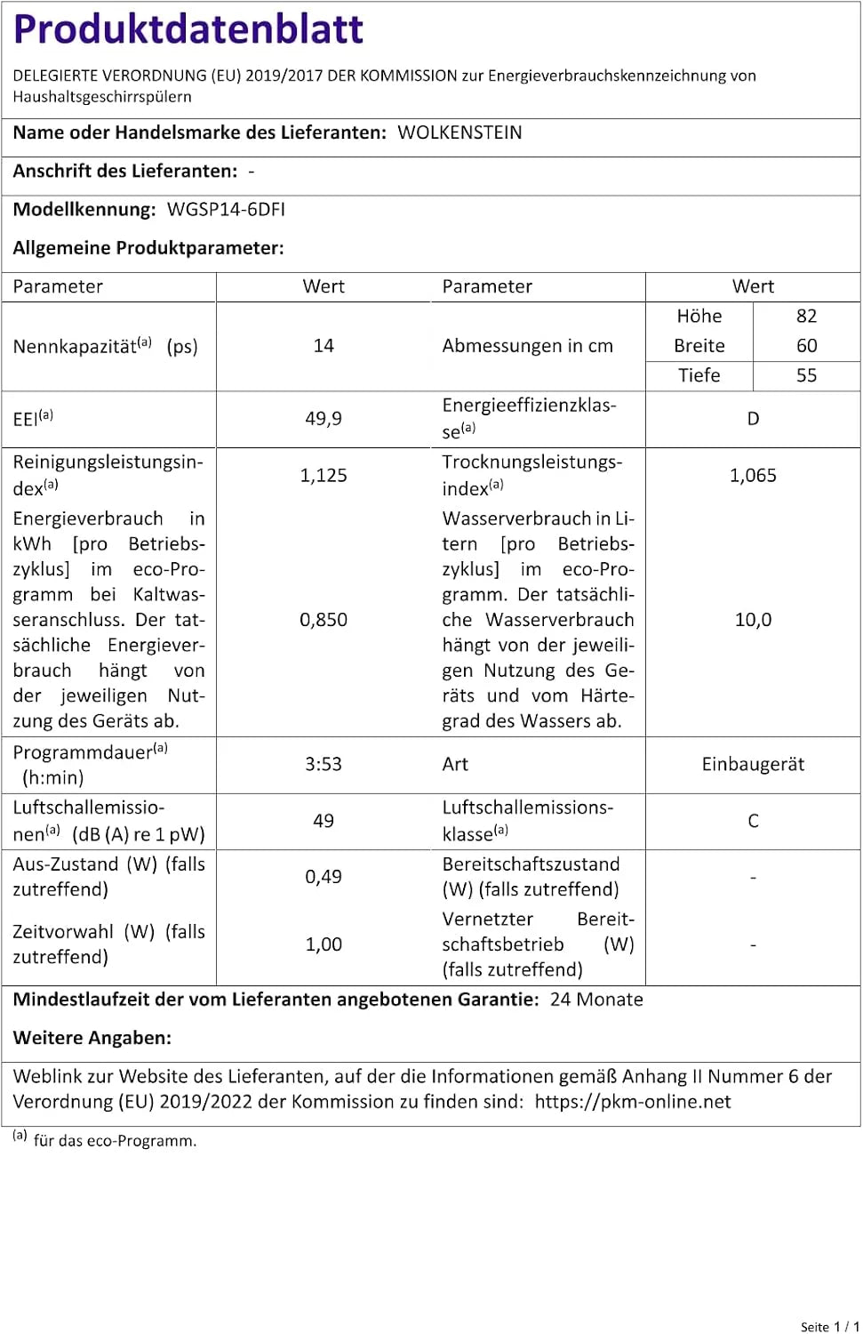 WOLKENSTEIN WGSP14-6DFI zmywarka do zabudowy w pełni zintegrowana | 60 cm | 6 programów | 14 naczyń | klasa efektywności energetycznej D | wybór czasu startu | funkcja połowy załadowania