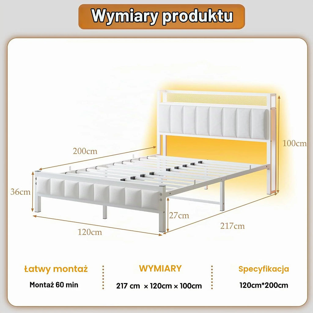Rama łóżka ze stacją ładującą, LED, łóżko podwójne/pojedyncze, metalowe łóżko dla gości, tapicerowane, 120 x 200 cm, metalowa rama łóżka dla nastolatków ze stelażem na listwy, zagłówek łóżka