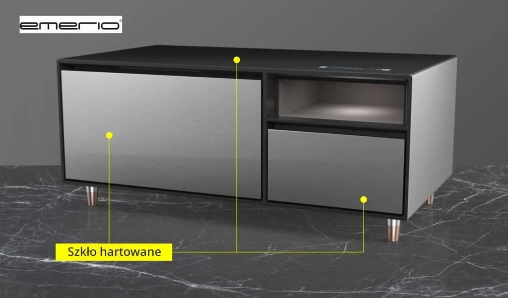 Emerio MusicFridge – połączenie chłodziarki do napojów (68 l) z zamrażarką (14 l), soundbar i stołem lounge, Bluetooth, 2 x USB, 1 x USB-C, dźwięczny dźwięk, przyciski czujników, powierzchnia z