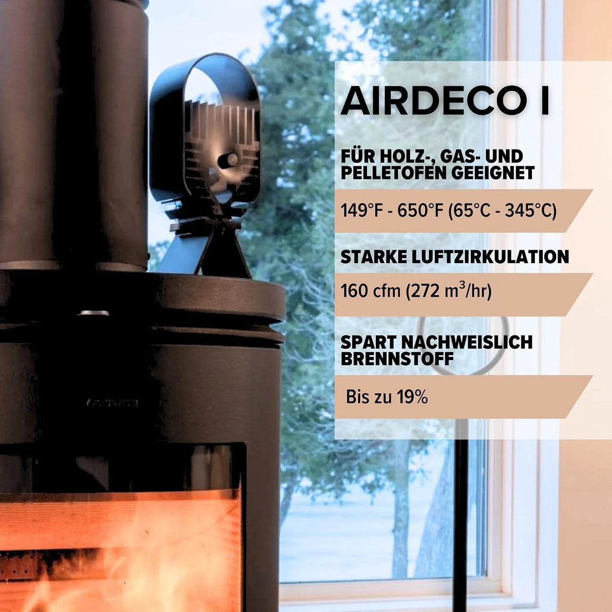 Ecofan Wentylator grzewczy AirDeco I – wydajny, nowoczesny design, technologia niskiej temperatury początkowej, idealny do pieców na drewno, gaz, pellet i steatyt - efektywnie cyrkuluje ciepłe