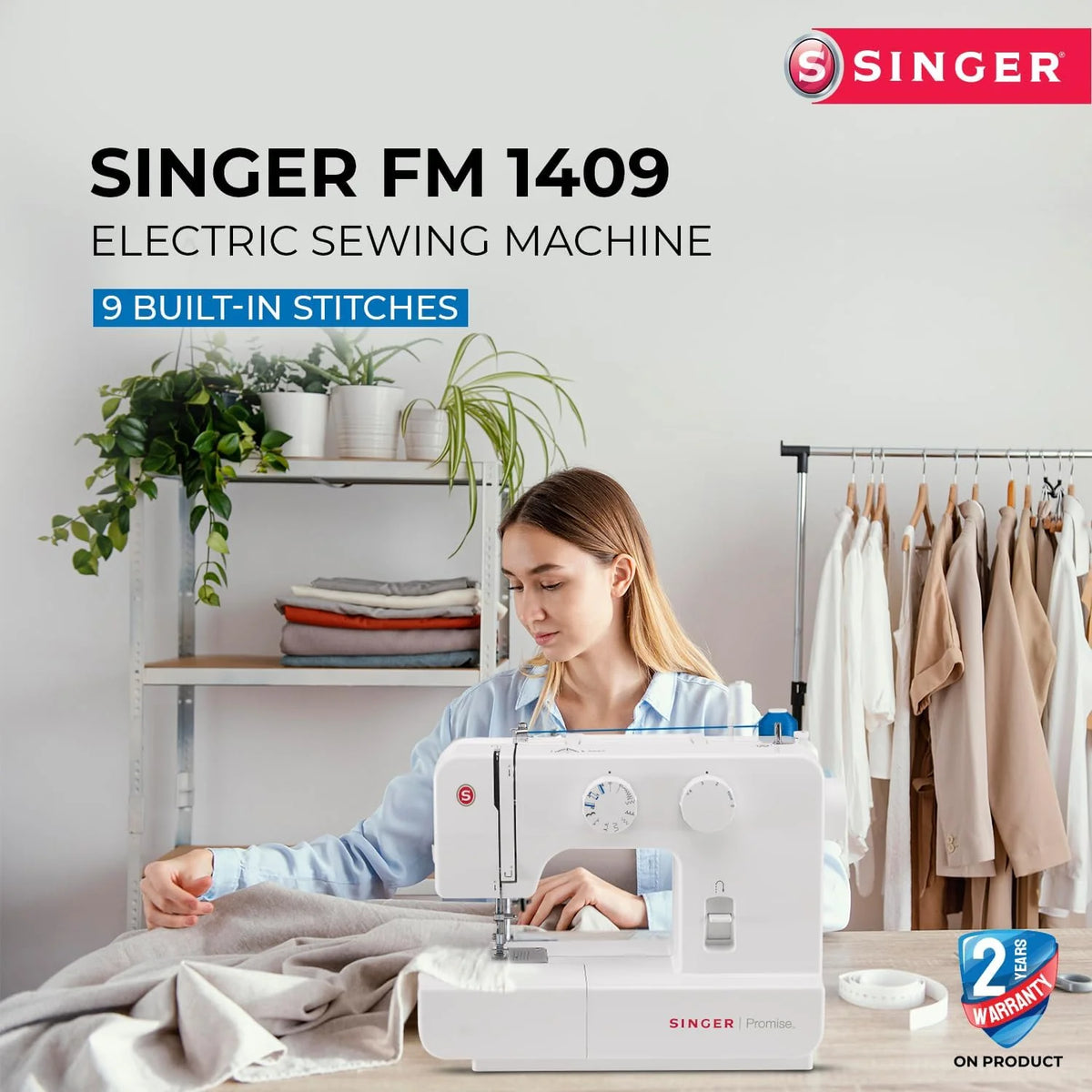 Singer Maszyna do Szycia Mechanicznego 1409 – 15 Programów Szycia, 4-Stopniowe Oczko, Regulacja Długości i Szerokości Ściegu, Dźwignia Wsteczna, Wolne Ramię, Z Miękką Pokrywą
