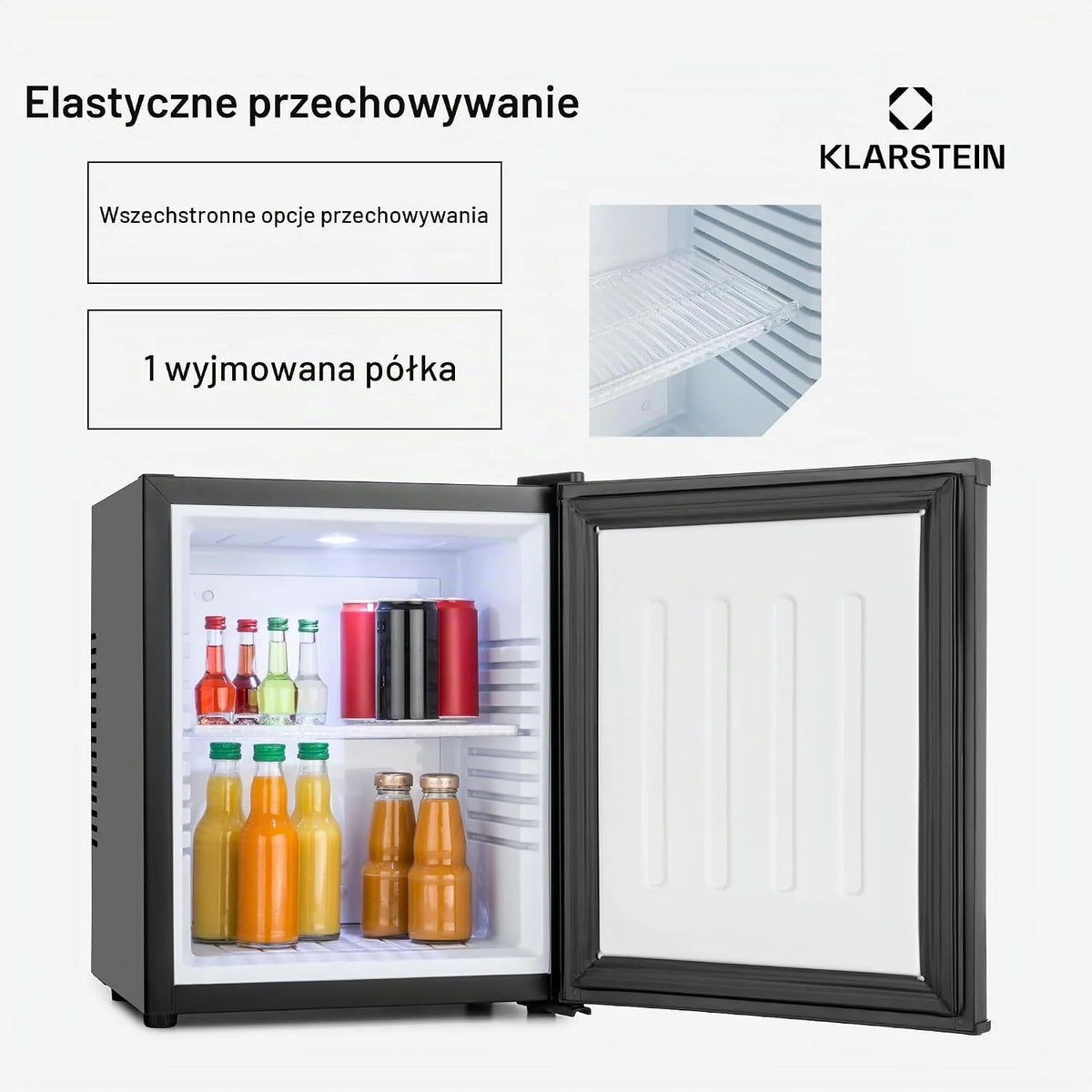 Klarstein Mini lodówka do pokoju, Mini lodówka 23L na napoje i kosmetyki, Mały minibar, mała i cicha, Regulowana półka, Mała na kosmetyki 5-15°C