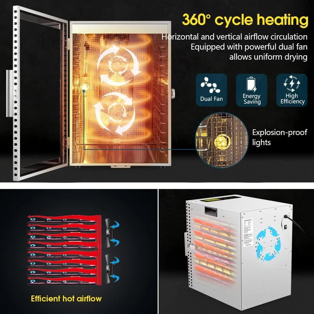 Kwasyo Suszarka do żywności ze stali nierdzewnej, wydajny podwójny wentylator suszący 360°, 12 garnków, 24 godziny timer, regulacja temperatury 20-90°C
