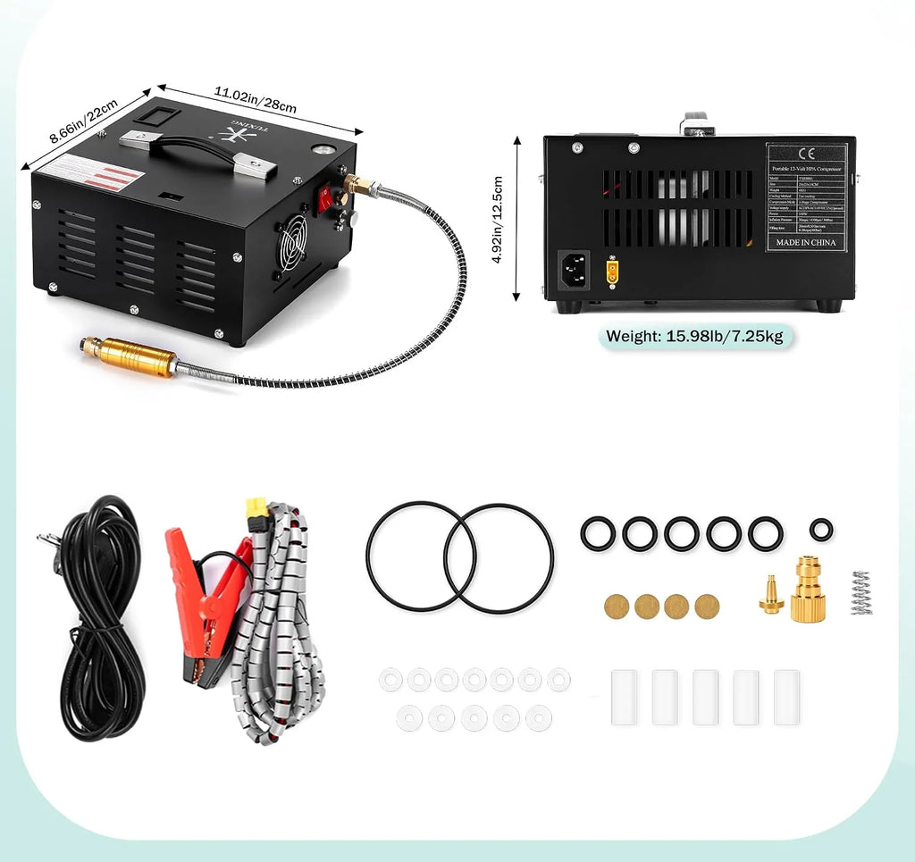 Sprężarka powietrza TUXING Pcp, 4500Psi 30Mpa, bezolejowa/wodna, zasilana samochodem 12 V DC lub domowym 220V AC z adapterem (w zestawie), pompa do wiatrówek i wiatrówek PCP (TXES061)