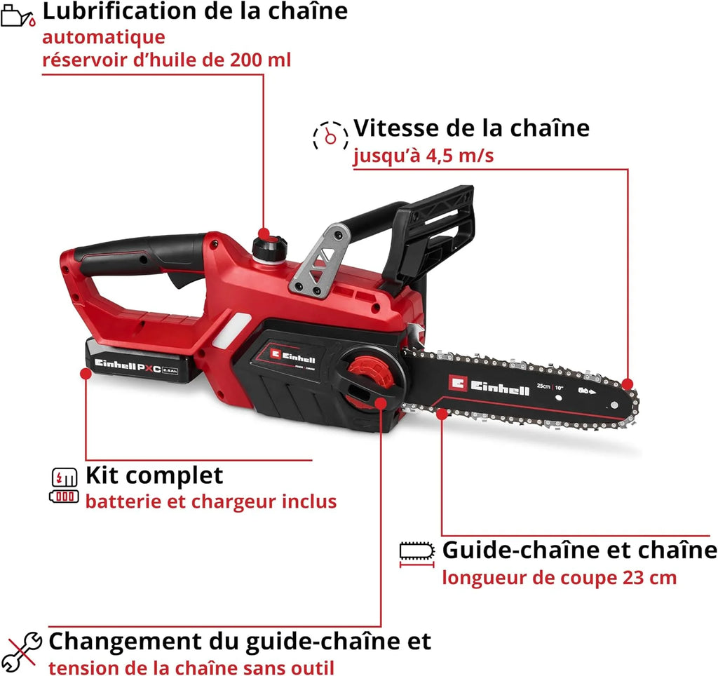 Einhell Akumulatorowa piła łańcuchowa GE-LC 18/25-1 Li Kit (1 x 2,5 Ah), PXC (18 V, długość cięcia 23 cm, prędkość łańcucha 4,5 m/s, automatyczne smarowanie, z akumulatorem i ładowarką)