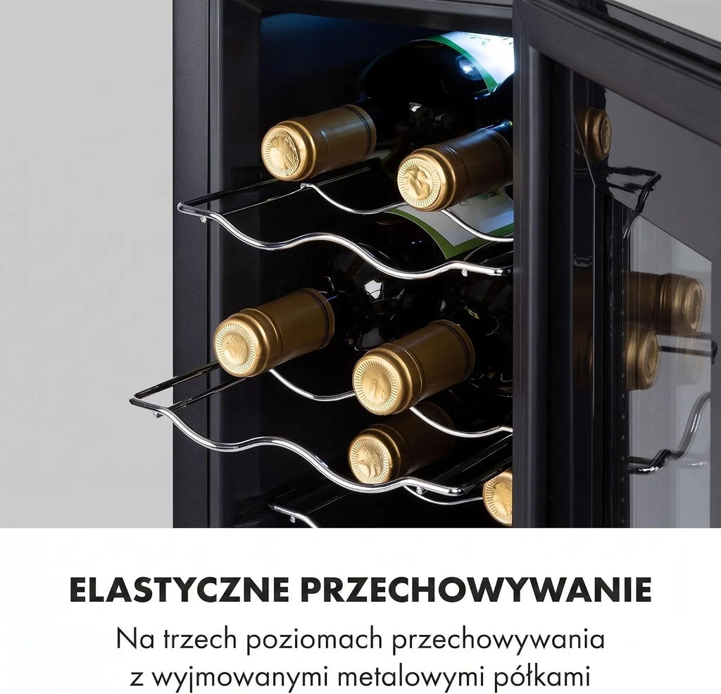 Klarstein Chłodziarka do wina, Wąska lodówka na napoje, 1 strefa, lodówka ze szklanymi drzwiami, Wolnostojące chłodziarki, Mała chłodziarka do wina, Ochrona UV, 11-18°C, 8 butelek
