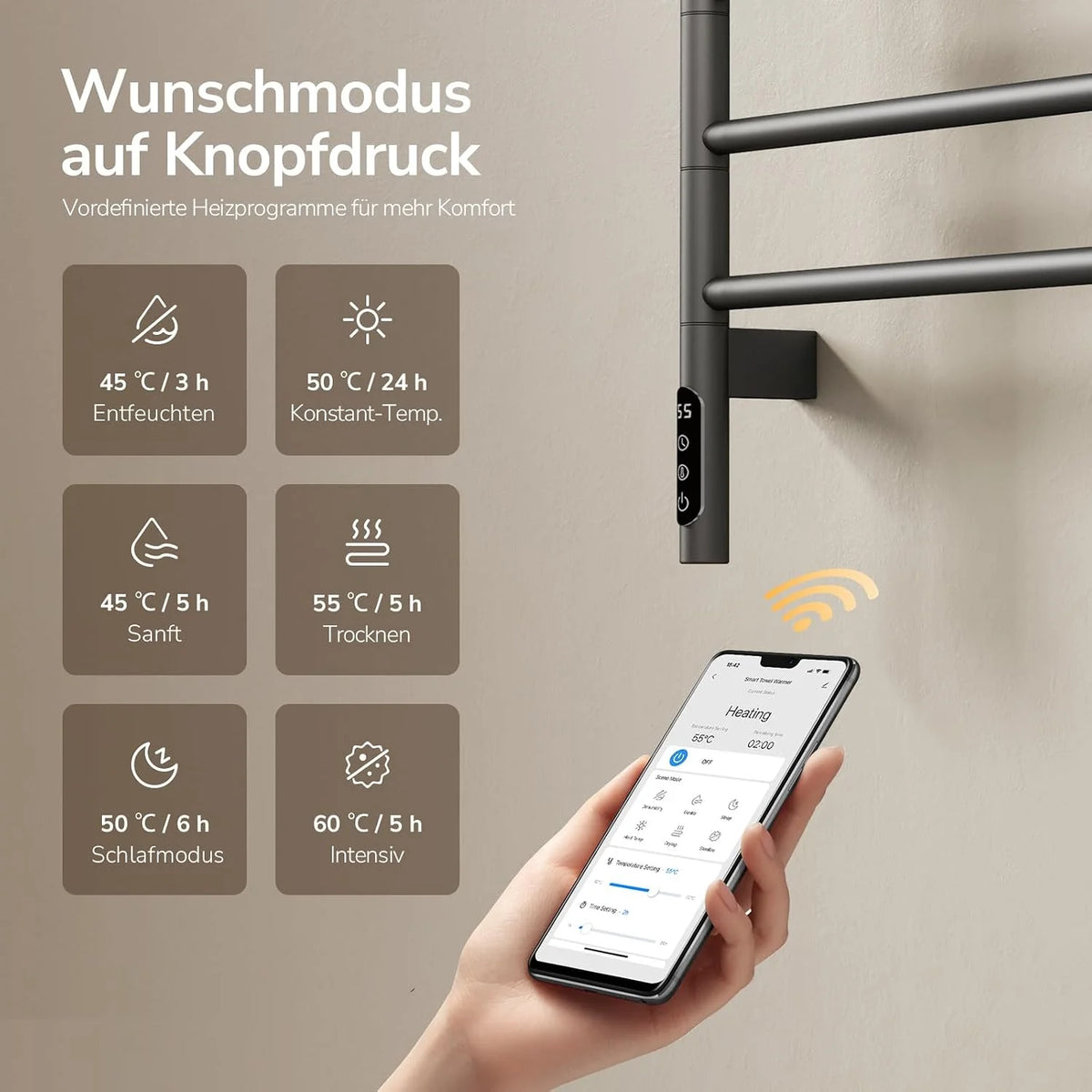 EMKE Elektryczny grzejnik łazienkowy 782 × 450 mm, obracany o 180° grzejnik na ręczniki ze sterowaniem za pomocą aplikacji WiFi, podgrzewacz do ręczników z termostatem i timerem do montażu na ścianie