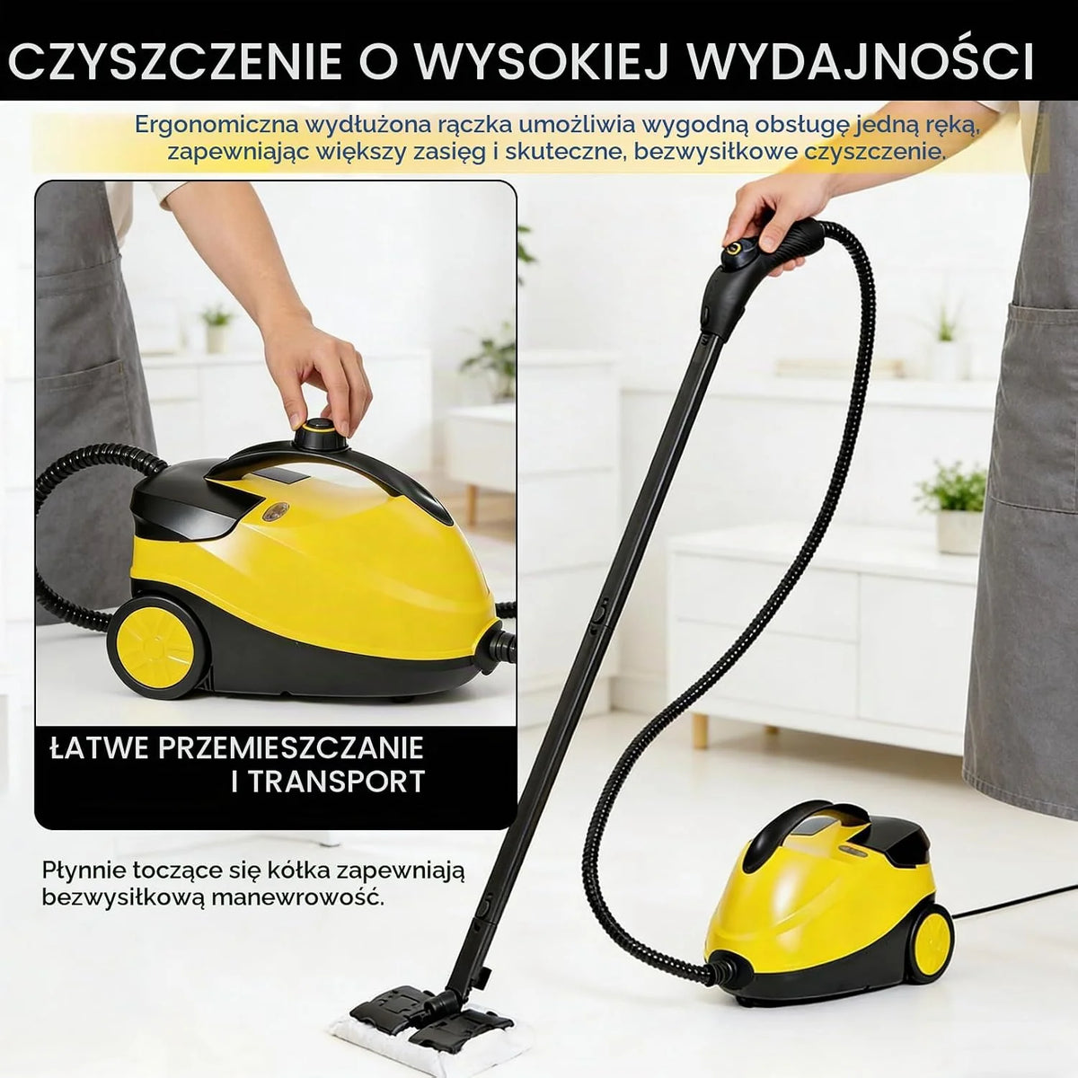 Myjka parowa 2000 W z 23 akcesoriami (w zestawie szczotki zapasowe), ciśnienie pary regulowane do 4 barów na uchwycie, zbiornik na wodę 1,5 l, nawijacz kabla i przegródka na akcesoria, do wszystkich