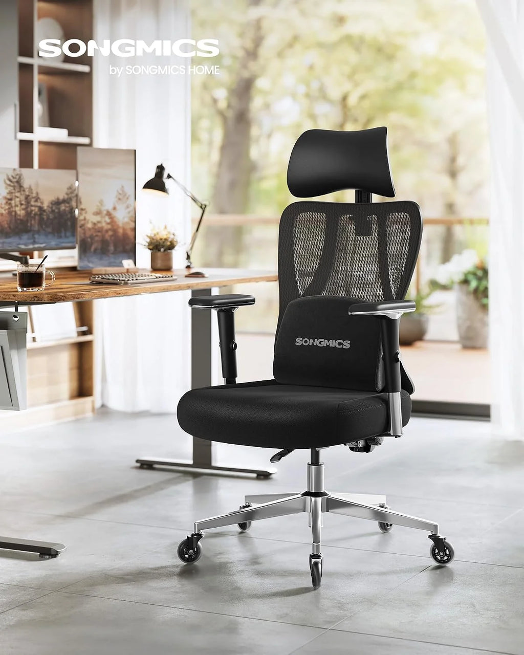 SONGMICS Ergonomiczny fotel biurowy, fotel gamingowy, regulowane podparcie lędźwiowe, zagłówek, podłokietniki, odpowiedni dla osób o różnych gabarytach, nośność do 150 kg, kolor czarny OBN067BH01