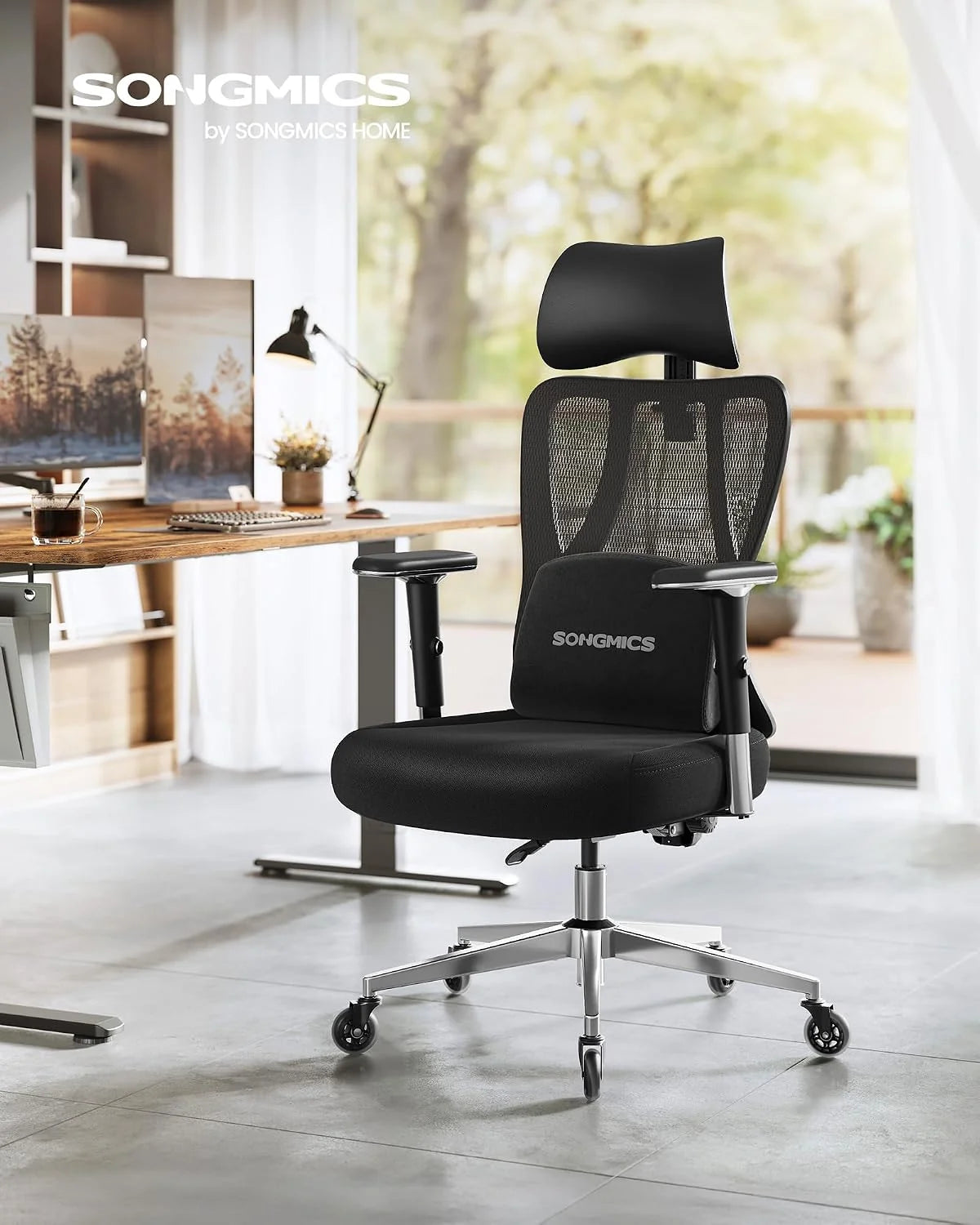 SONGMICS Ergonomiczny fotel biurowy, fotel gamingowy, regulowane podparcie lędźwiowe, zagłówek, podłokietniki, odpowiedni dla osób o różnych gabarytach, nośność do 150 kg, kolor czarny OBN067BH01