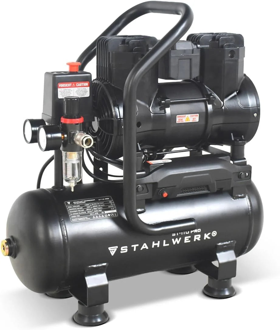 STAHLWERK ST-110 Pro kompresor 10 l, bezolejowy i cichy, 8 bar, sprężarka sprężonego powietrza z silnikami bezszczotkowymi, 1,97 KM, 1,45 kW, 250 l/min, cicha sprężarka, kompresor tłokowy, sprężarka