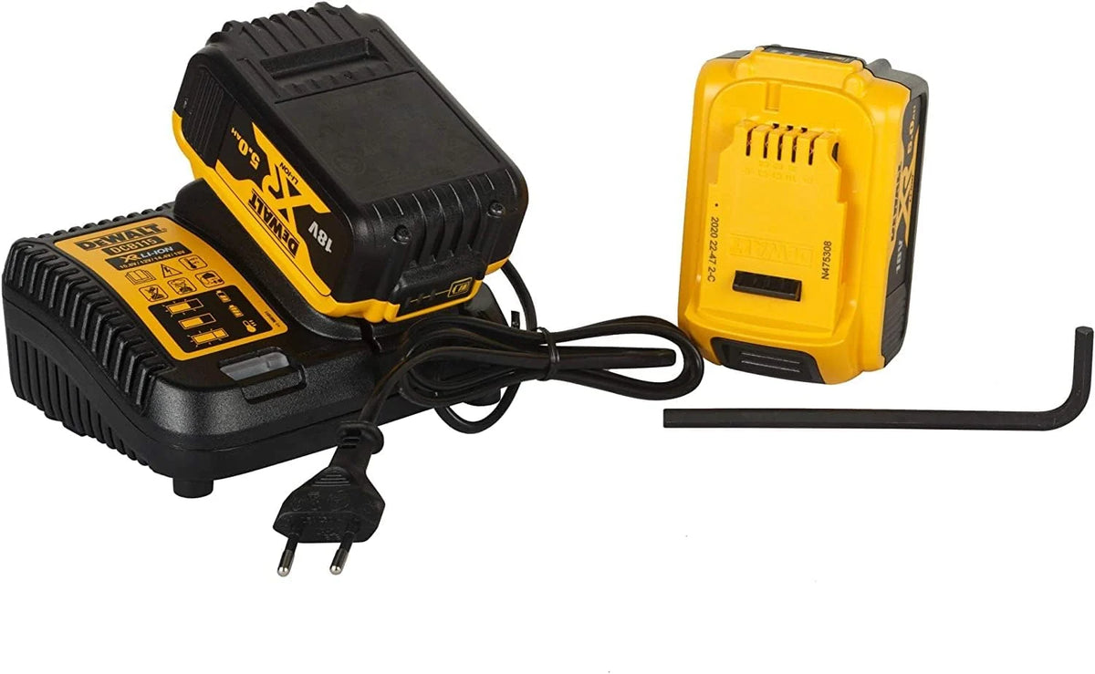 Dewalt DCG405P2 akumulatorowa szlifierka kątowa 18 V 125 mm (800 W, silnik bezszczotkowy, uzwojenia opancerzone z żywicy epoksydowej, sprzęgło elektroniczne i hamulec, w zestawie 2 x akumulatory 5,0