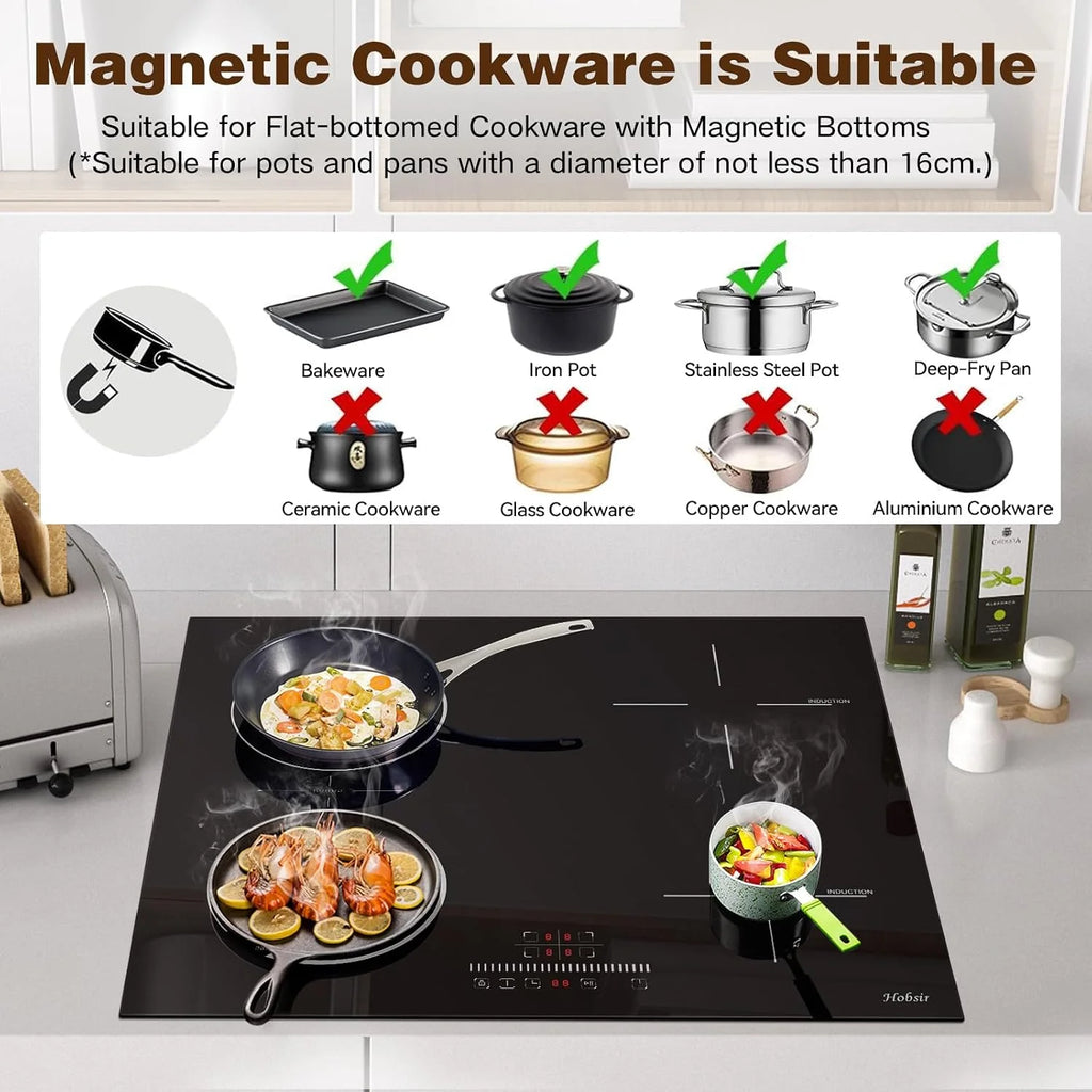 Hobsir Płyta indukcyjna z wtyczką, płyta grzewcza 4 płyty, płyta indukcyjna 60 cm, 3500 W, płyta kuchenna do zabudowy z flexzone, zabezpieczenie przed dziećmi, suwak Touch Control