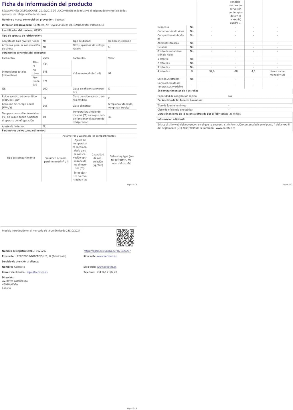 Cecotec Zamrażarka Szafa 97 L Bolero CoolMarket TF 97 White. Klasa energetyczna E, Kompaktowa konstrukcja, drzwi odwracalne, 3 szuflady, wymiary 55,1 x 57,5 x 83,5 cm, kolor biały