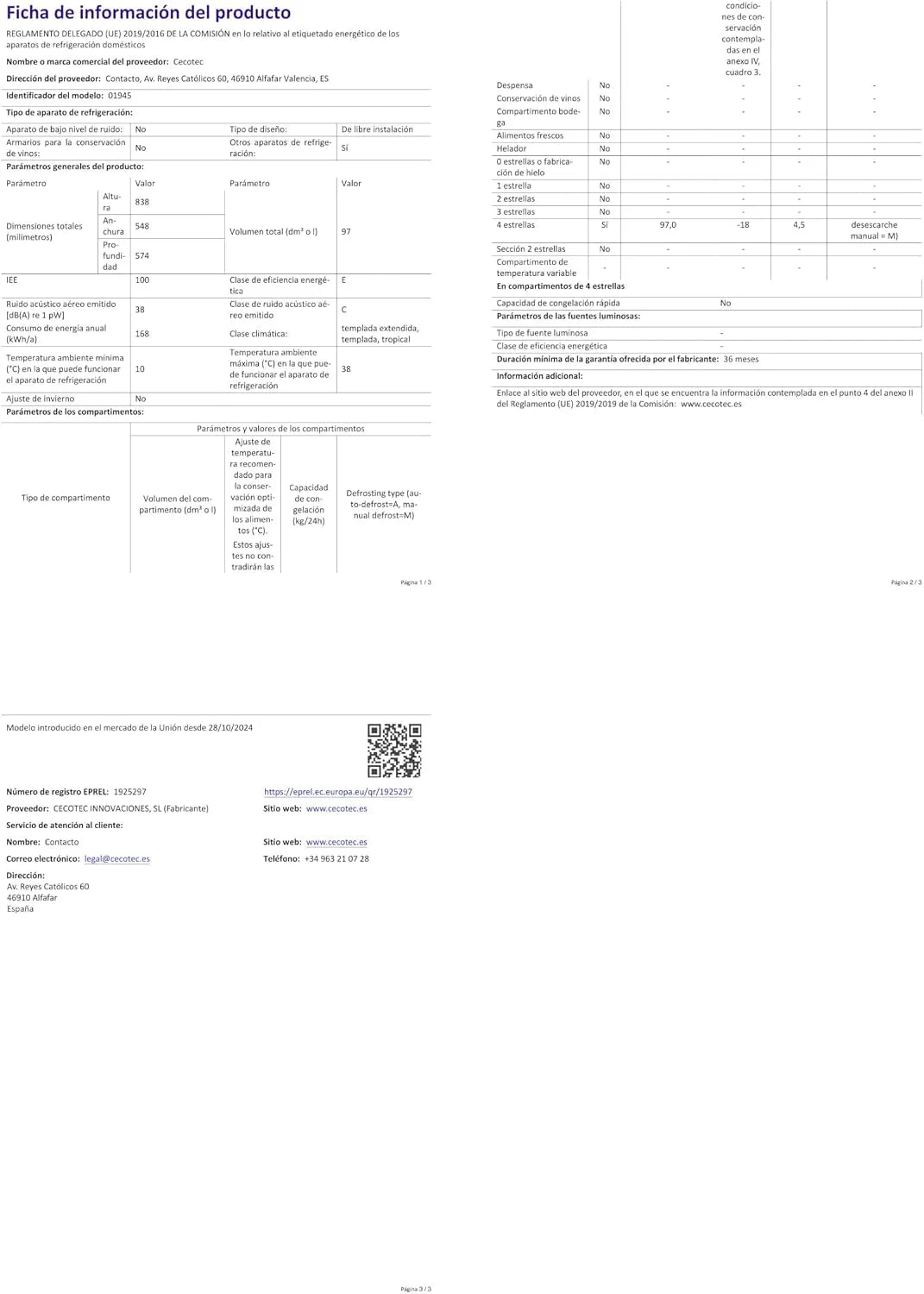Cecotec Zamrażarka Szafa 97 L Bolero CoolMarket TF 97 White. Klasa energetyczna E, Kompaktowa konstrukcja, drzwi odwracalne, 3 szuflady, wymiary 55,1 x 57,5 x 83,5 cm, kolor biały