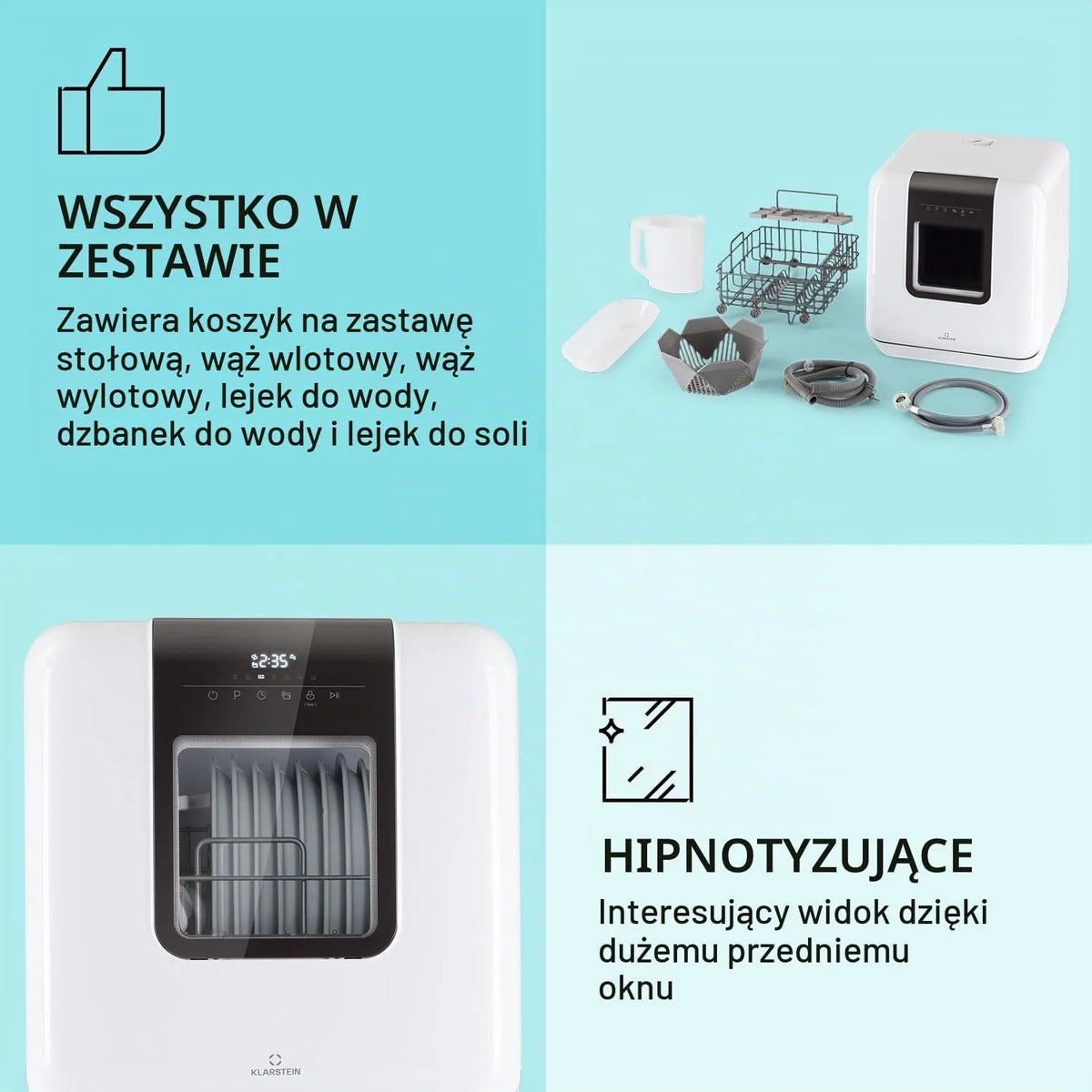 Klarstein Mini zmywarka na 3 komplety, Cicha zmywarka do zabudowy Mała z 7 programami, Mała stołowa do domu, biura i na kemping, Mini z podłączeniem do wody