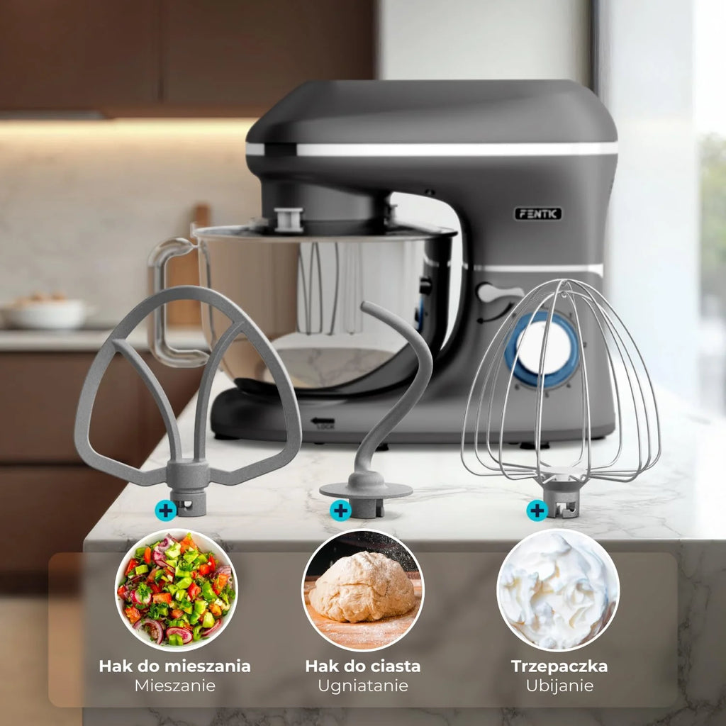 Robot kuchenny - 2000 W - miska do mieszania ze stali nierdzewnej (6,2 l) - mikser kuchenny z mieszania, hakiem do zagniatania, trzepaczką i ochroną przed pryskaniem - w zestawie