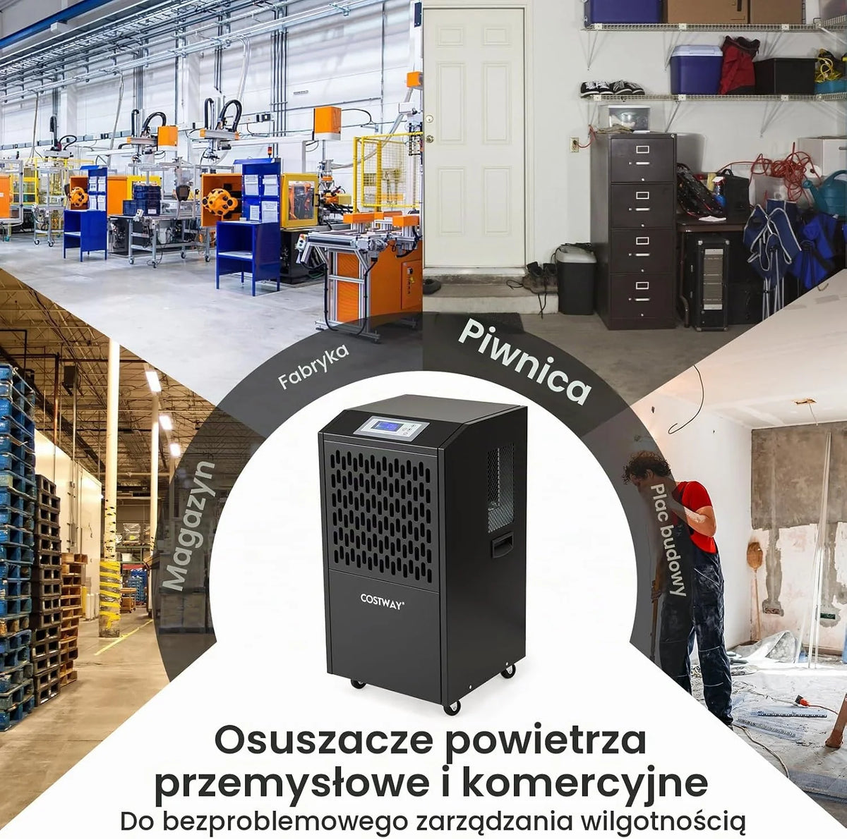 COSTWAY Suszarka budowlana 118 l/dzień, komercyjny osuszacz powietrza z wężem odpływowym, timer 24 h i 4 kółka, osuszacz przemysłowy do piwnicy, magazynu, placu budowy i pomieszczeń do 790 m²