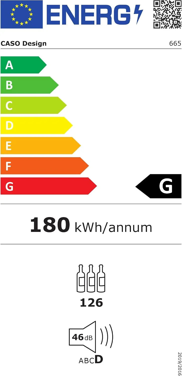 CASO WineComfort 126 designerska lodówka na wino na 126 butelek (do 310 mm wysokości), dwie strefy temperatury 5-20°C, lodówka na napoje, klasa energetyczna B