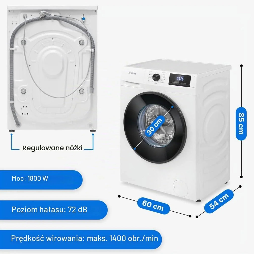 Bomann® Pralka 8 kg, maks. 1400 obr./min, wytrzymały, cichy i trwały silnik inwertorowy, 15 programów prania, wyświetlacz LED, pralka z funkcją pary, WA 7185