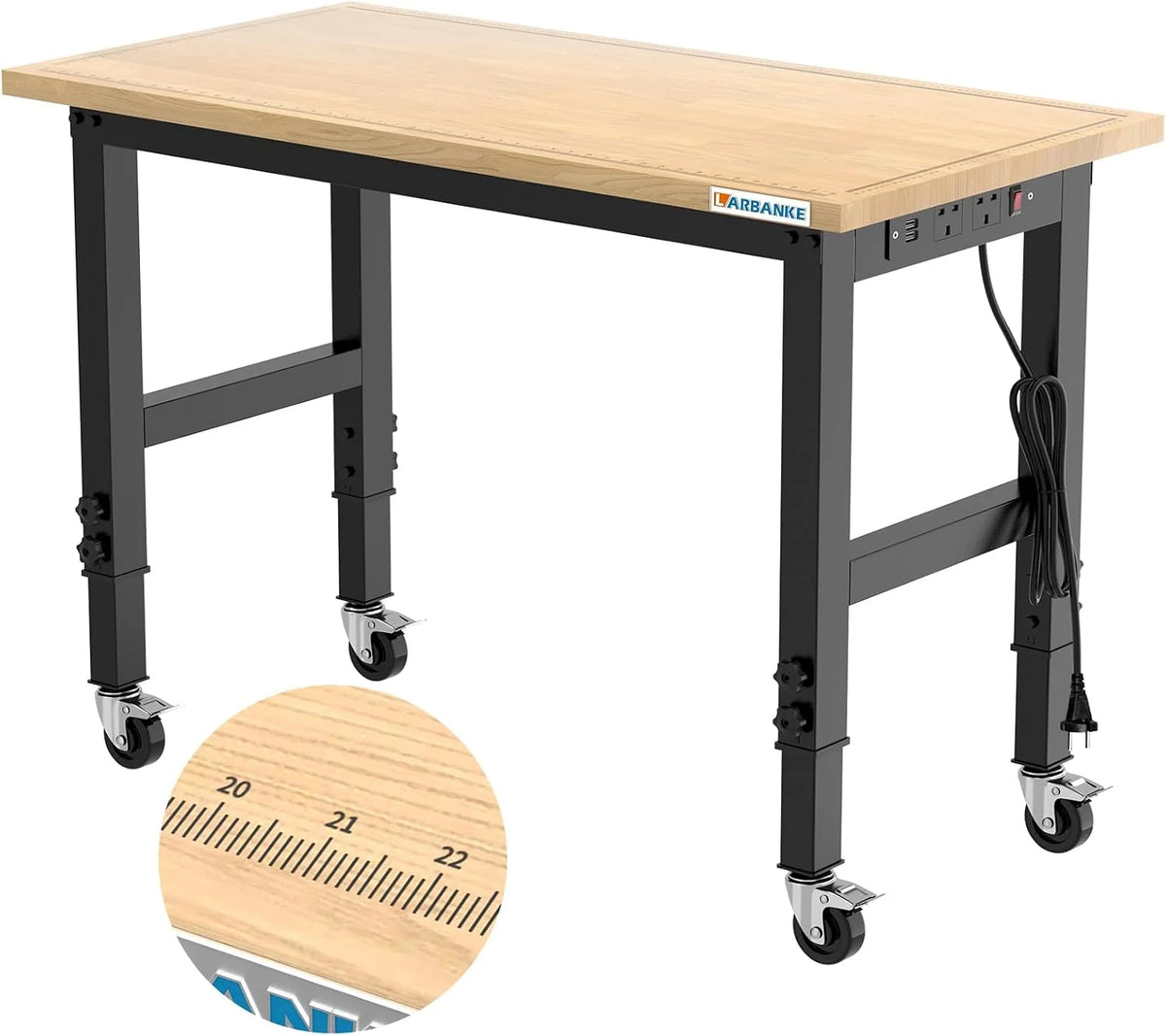 LARBANKE Stół warsztatowy do dużych obciążeń, 120 cm, regulowane 5 różnych wysokości, stół roboczy z twardego drewna kauczukowego, nośność ponad 900 kg, do warsztatu, garażu, biura, domu
