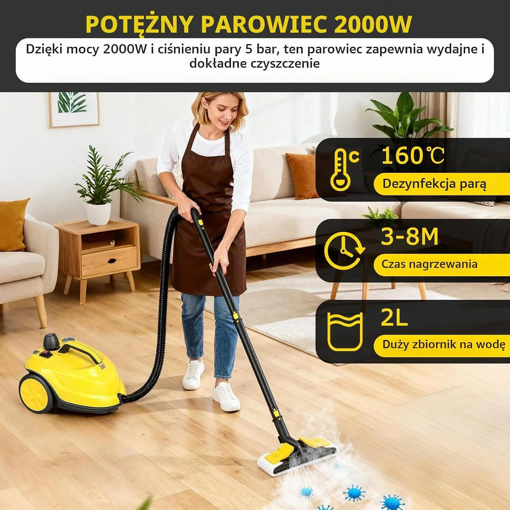 Odkurzacz parowy 2000 W, 5 bar, wielofunkcyjny, zbiornik 2 l