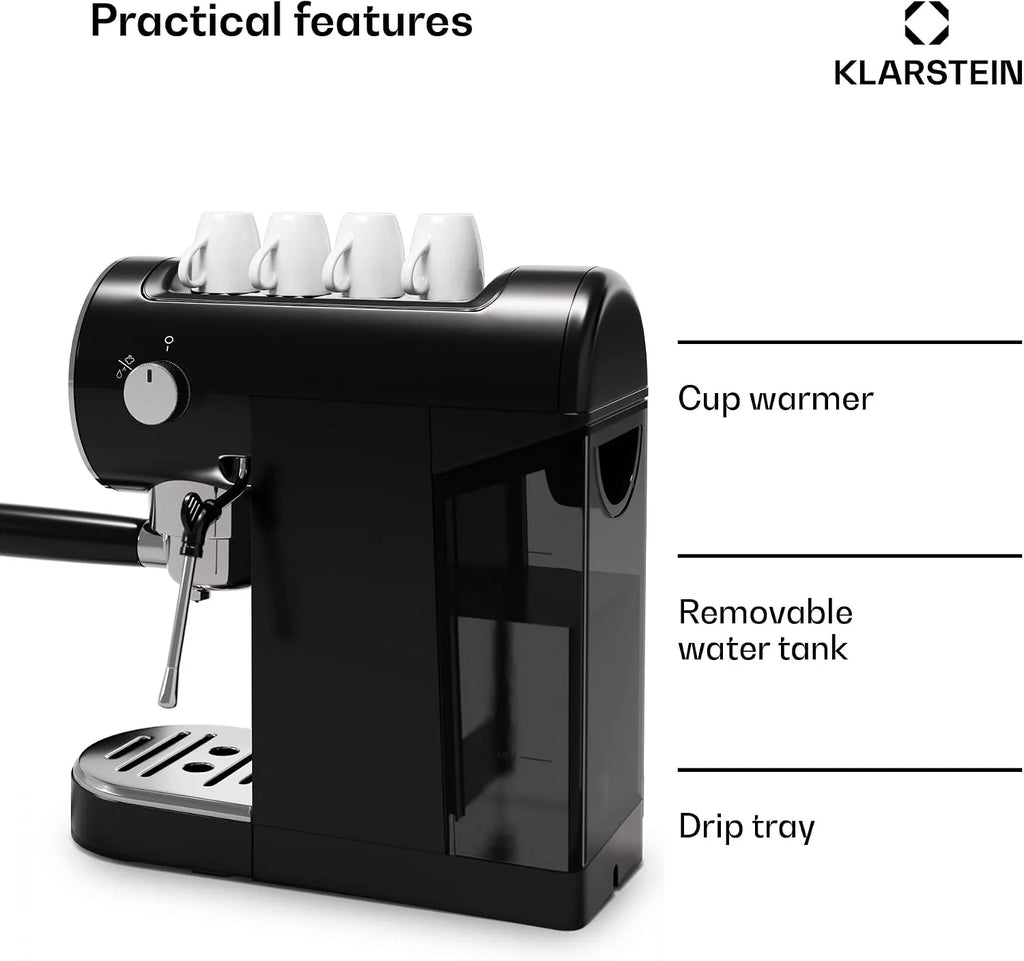Klarstein Ekspres kolbowy do espresso ze spieniaczem do mleka, 0,9L mini ekspres retro z kolbą, 1360 W mały do kawy, do cappuccino, latte i macchiato
