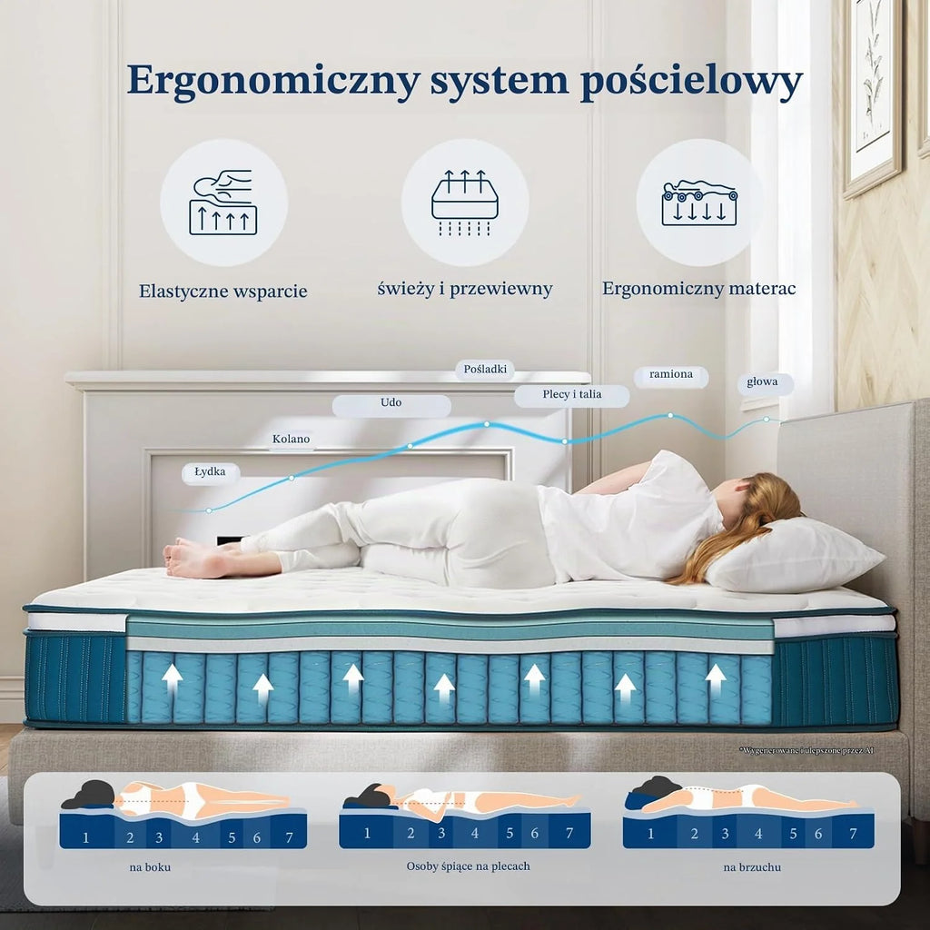 Coolvie Materac 160 x 200 cm w pudełku, 7-strefowy stopień twardości H2 i H3, ortopedyczny materac ze sprężynami kieszeniowymi 26 cm z odciążającą plecy pianką memory, certyfikat Oeko-Tex, dla dzieci