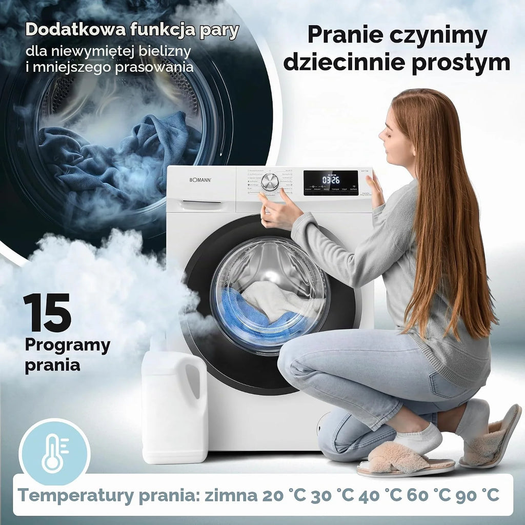 Bomann® Pralko-suszarka | pranie i suszenie w jednym cyklu | pranie 8 kg, suszenie 5 kg | silnik inwertorowy | 1400 obr./min | funkcja pary | zintegrowana pralka z suszarką | WAT 7186 biała