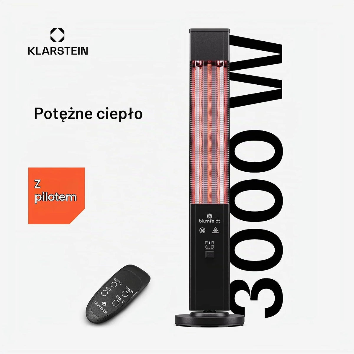 blumfeldt Ogrzewanie na podczerwień wolnostojące, 3000W grzejnik elektryczny, Ogrzewanie Indoor/Outdoor, IR z zabezpieczeniem przed przewróceniem i pilotem, Wydajne IP65, tarasowe