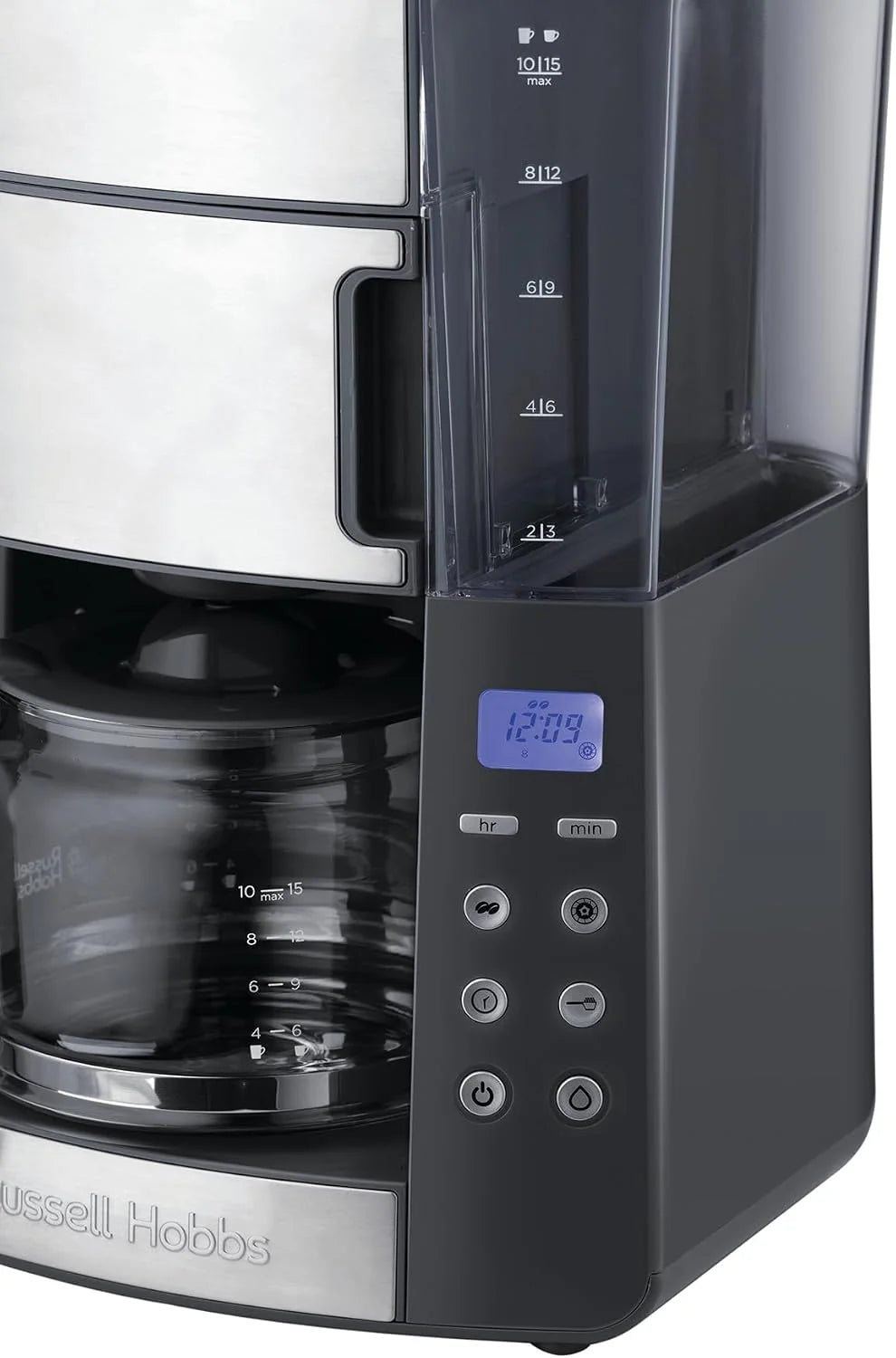 Russell Hobbs ekspres do kawy, wbudowany młynek, regulacja mocy zaparzenia kawy, programowalny timer, podtrzymywanie temperatury, pojemność 1,25l, moc 1000W, srebrny, Grind&Brew 25610-56