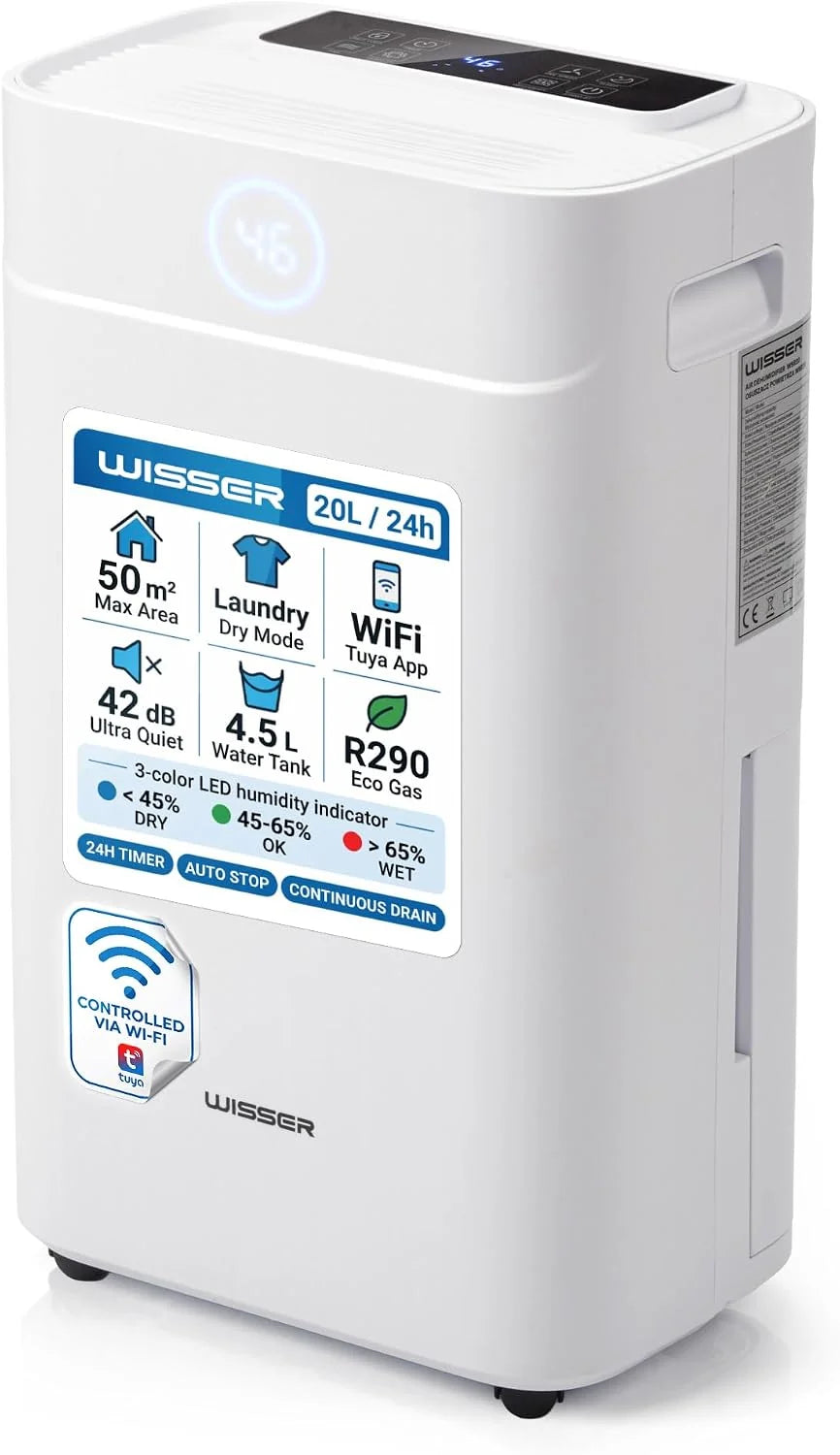 Wisser Elektryczny osuszacz powietrza 20 l/24 h do piwnic do 50 m² – 42 dB