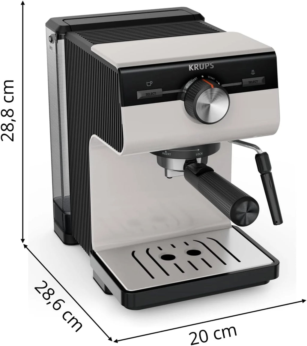 KRUPS XP381B10 Authentic ekspres do kawy, 15 bar, intuicyjna obsługa, system Thermoblock, zintegrowana dysza parowa, łatwe opróżnianie kolby, zbiornik na wodę 2 l, w zestawie filtry, szary/kremowy